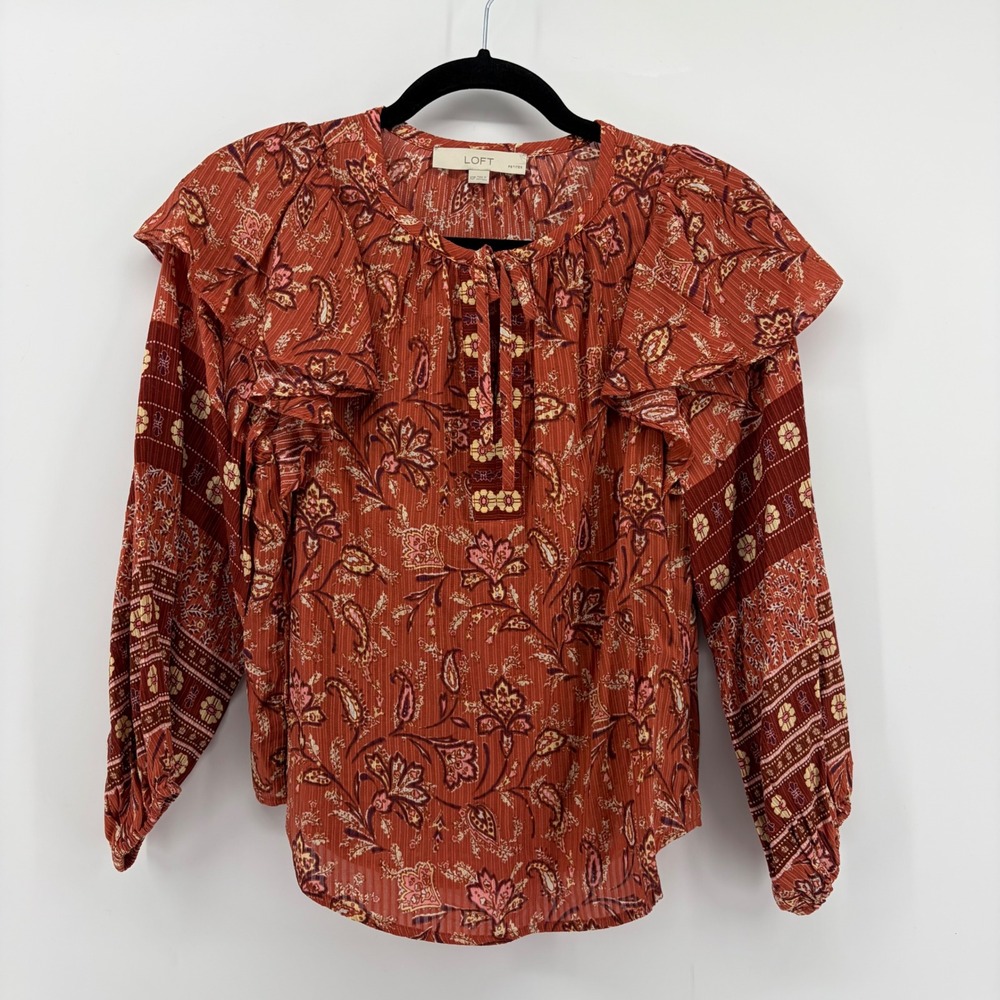 LOFT Petite XS Floral Print Long‎ Sleeve Ruffled Blouse Top Rust Orange